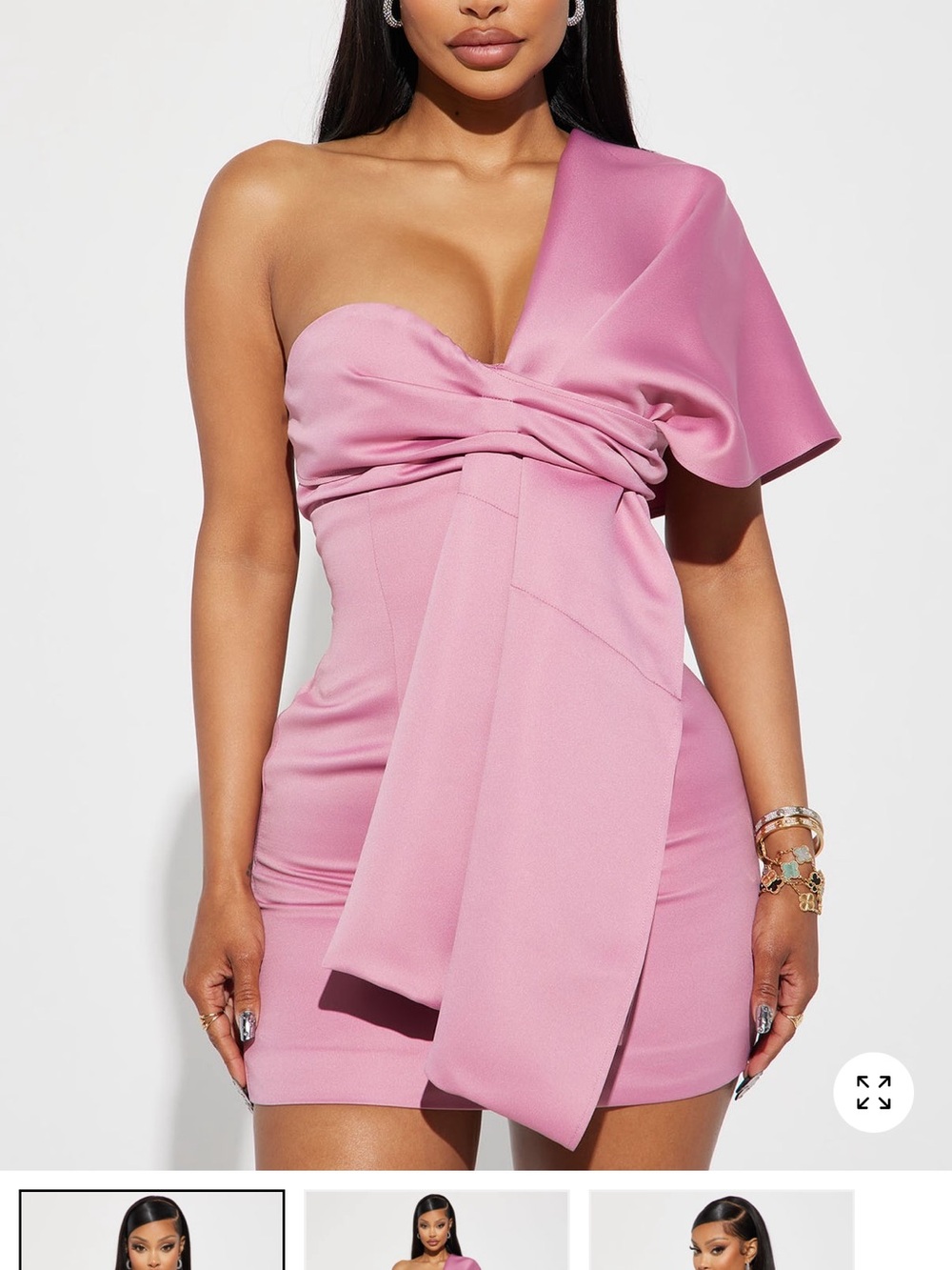 Fashion Nova One-Shoulder Rose Pink Satin Mini Dress